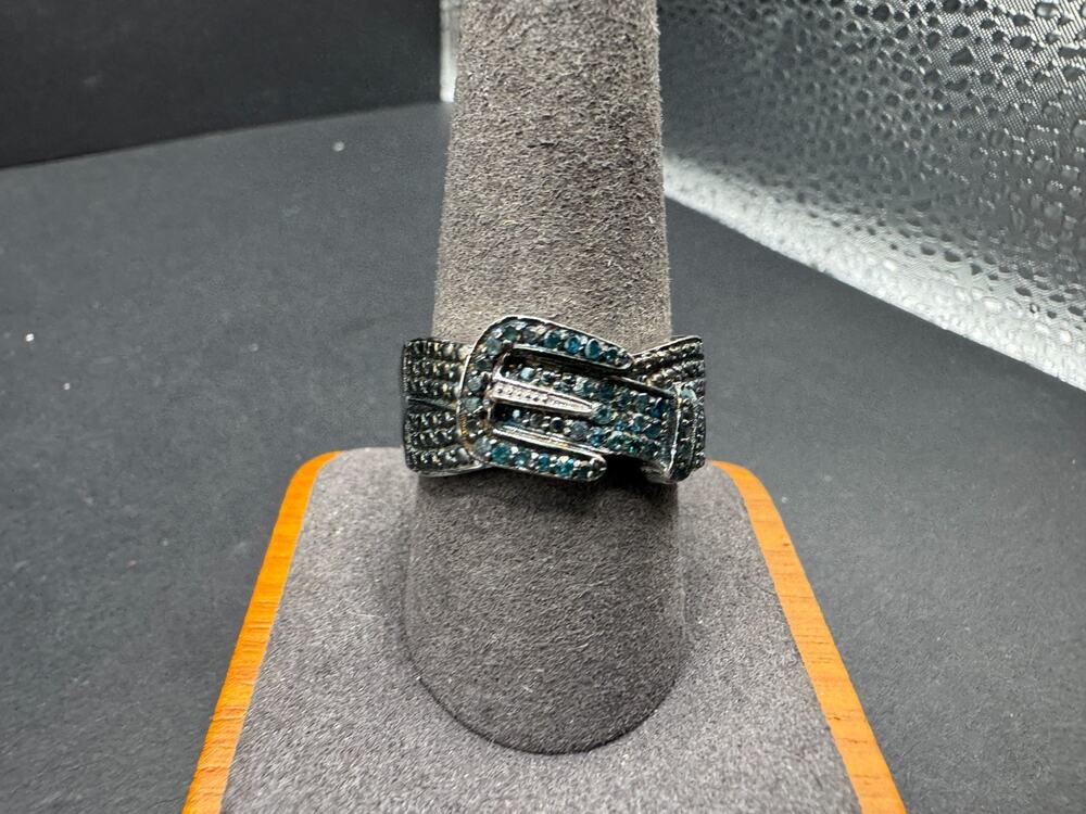 STS 925 Sterling Silver Belt Buckle Ring Blue Black Spinel Diamond Sz 10